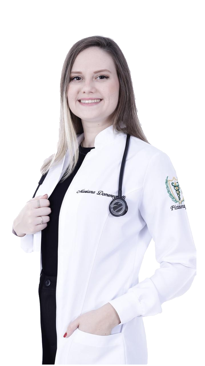 Mariana Domeneghetti, fisioterapeuta e instrutora de Pilates, com jaleco branco e estetoscópio